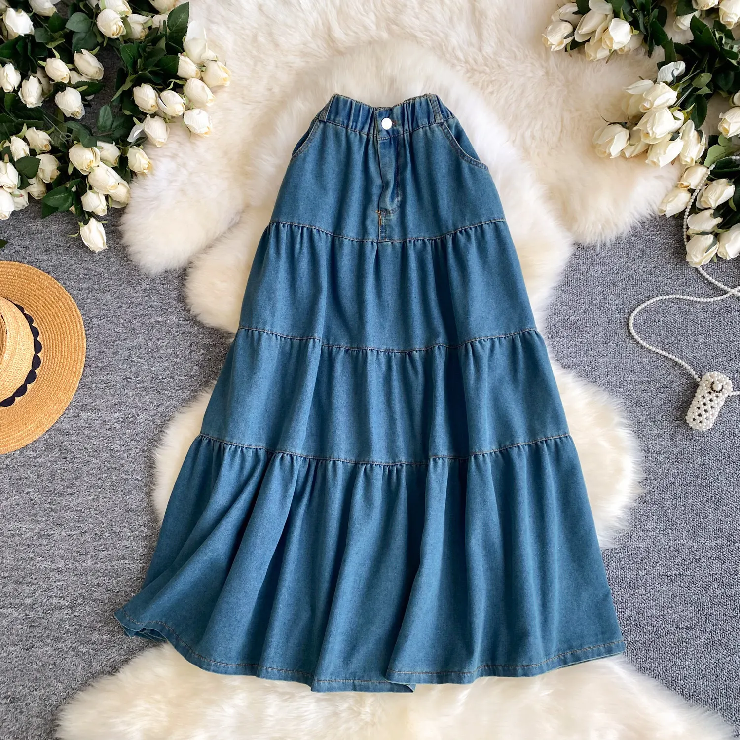 Women Skirts Denim Skirt Solid Pocket Button Empire Elastic Waist Ankle Length Tiered Skirt Loose Fit Casual Office 2026 Summer view 2
