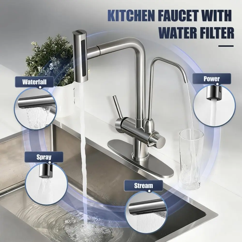 Two-Handle Pull-Down Sprayer Kitchen Faucet with Drinking Water Filter, Brushed Nickel Finish, No Built-In Filtration