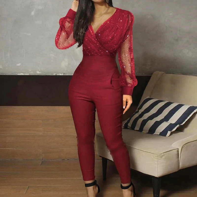 Elegant Sequins Mesh Glitter Jumpsuit New Spring Rompers Women  Party Night Autumn Female Solid Casual V-neck Full Length Pants