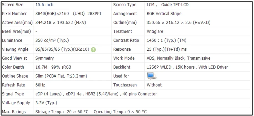 15.6 Inch Laptop Slim LCD Screen Display IPS Panel EDP 40Pins UHD 3840x2160 99% sRGB NE156QUM-N67 NE156QUM N67