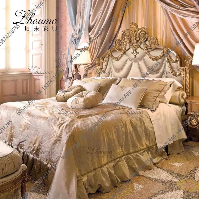 French light luxury engraving bed American solid wood master bedroom double bed retro simple soft bag backrest single bed
