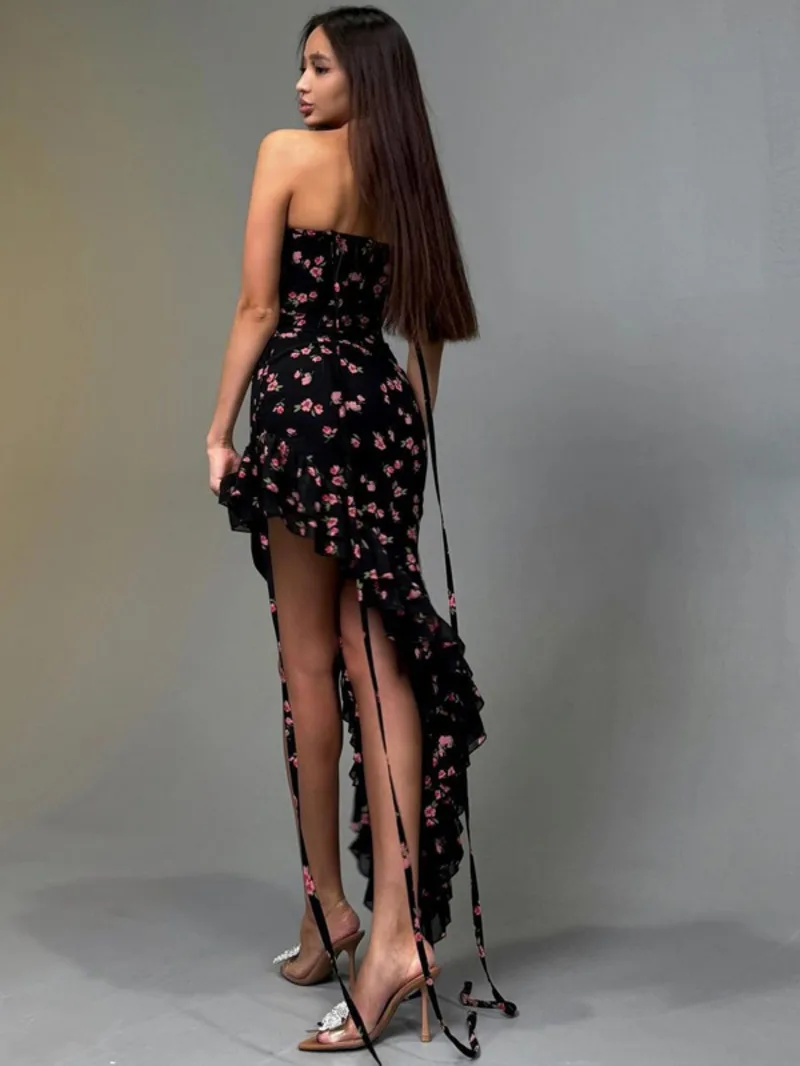 Floral impressão desliza sem costas rendas até babados irregulares sexy magro elegante maxi vestido de verão roupas femininas festa aniversário 5k6a