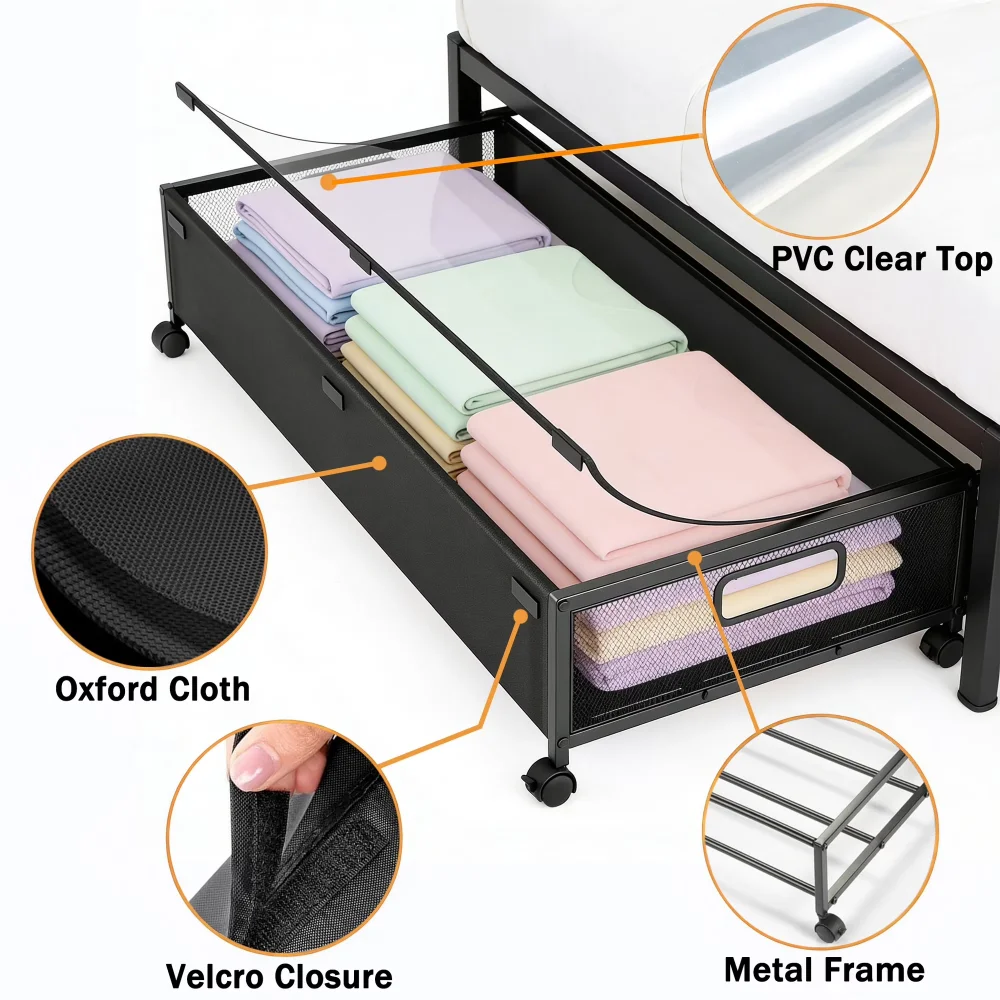 Under Bed Storage Storage Box With Wheels Clear Flip Lid Storage Containers Multifunctional Organizer Boxes For Clothes Shoes Bedroom Home Furniture Space Saving Household Organizer