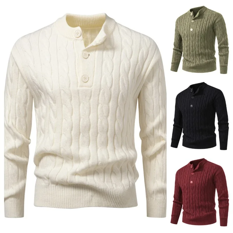 

New 2025 Autumn and Winter Men's Stand-Up Collar Twist Button Long Sleeve Sweater Casual Knitted Pullovers for Men Clothing