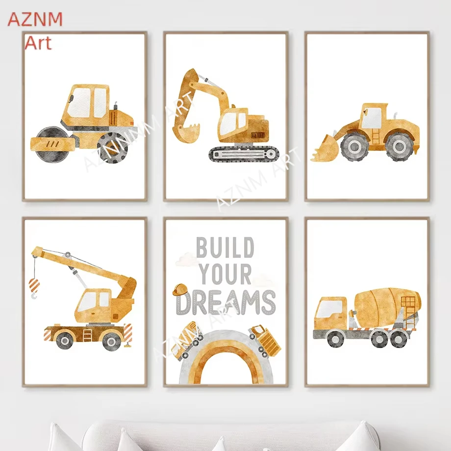 1 Stück Cartoon Traktor Gabelstapler Kran Baufahrzeug Traum Zitat Wandkunst Poster Druck Kinderzimmer Deko Nordisches Leinwandbild