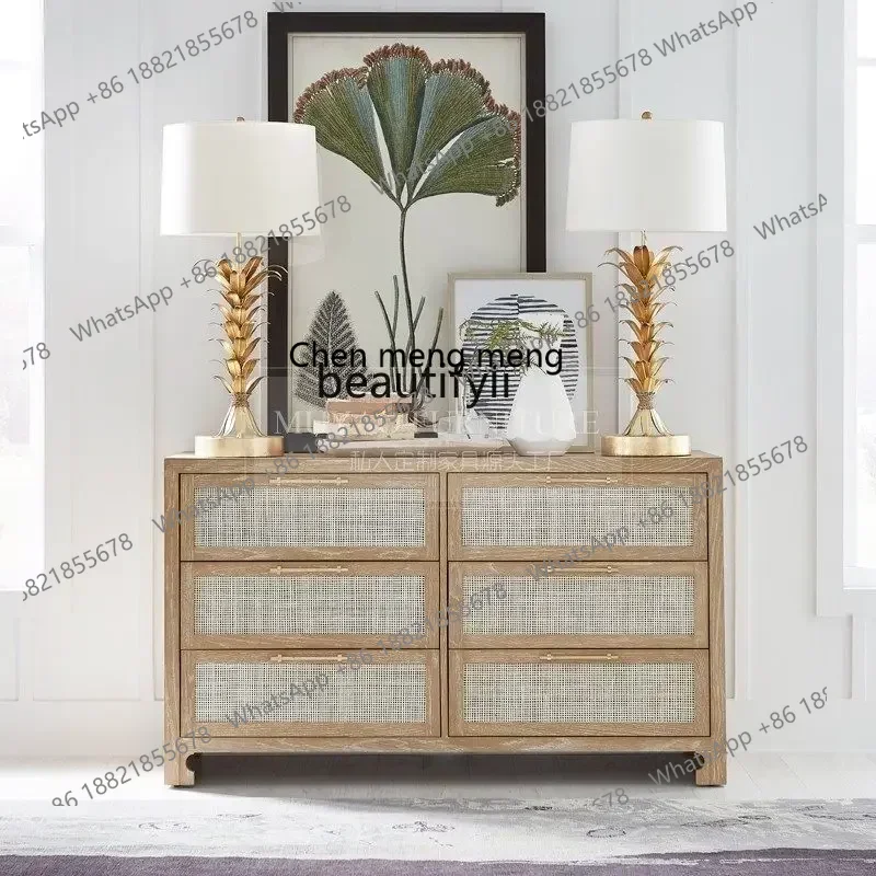 X  R0R American solid wood rattan chest cabinet multifunctional storage porch cabinet bedroom bedside cabinet