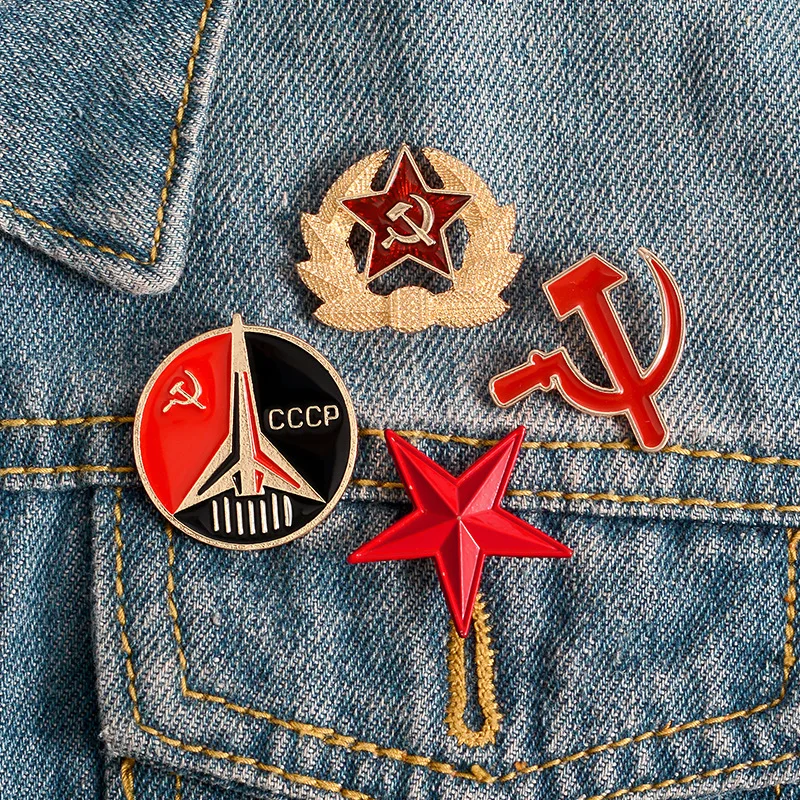 Personalized Denim Brooch Soviet Creative Sickle Hammer Five Pointed Star Shaped Enamel Collar Needle Jewelry Gift for Friends