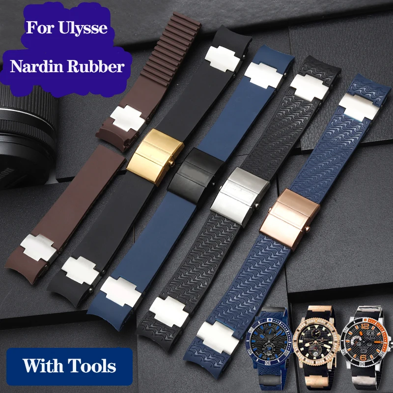 

22mm Curved End Silicone Rubber Strap for Ulysse Nardin Watchband 263 DIVER Waterproof Metal Watch Bracelets Black Brown Blue