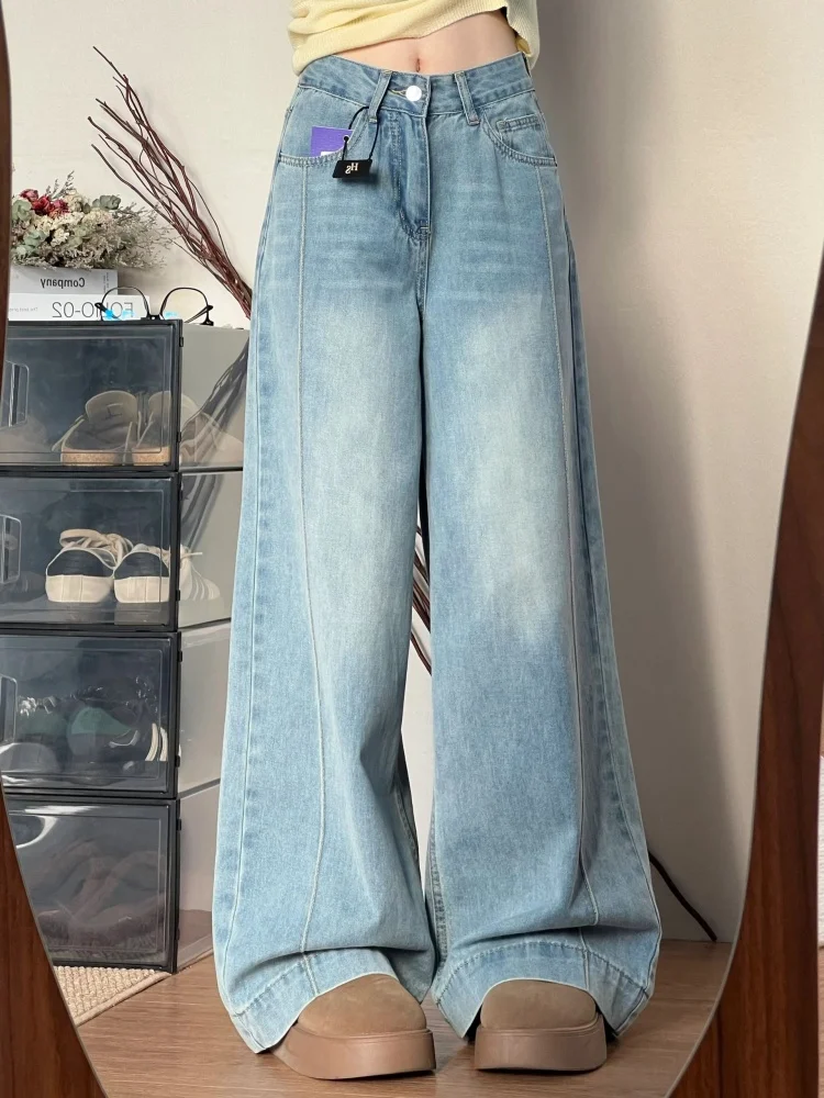 

Большие размеры Американские джинсовые джинсы в стиле ретро Женские осенние грушевидные джинсы для похудения Fat Mm Свободные прямые брюки Широкая длина в пол...