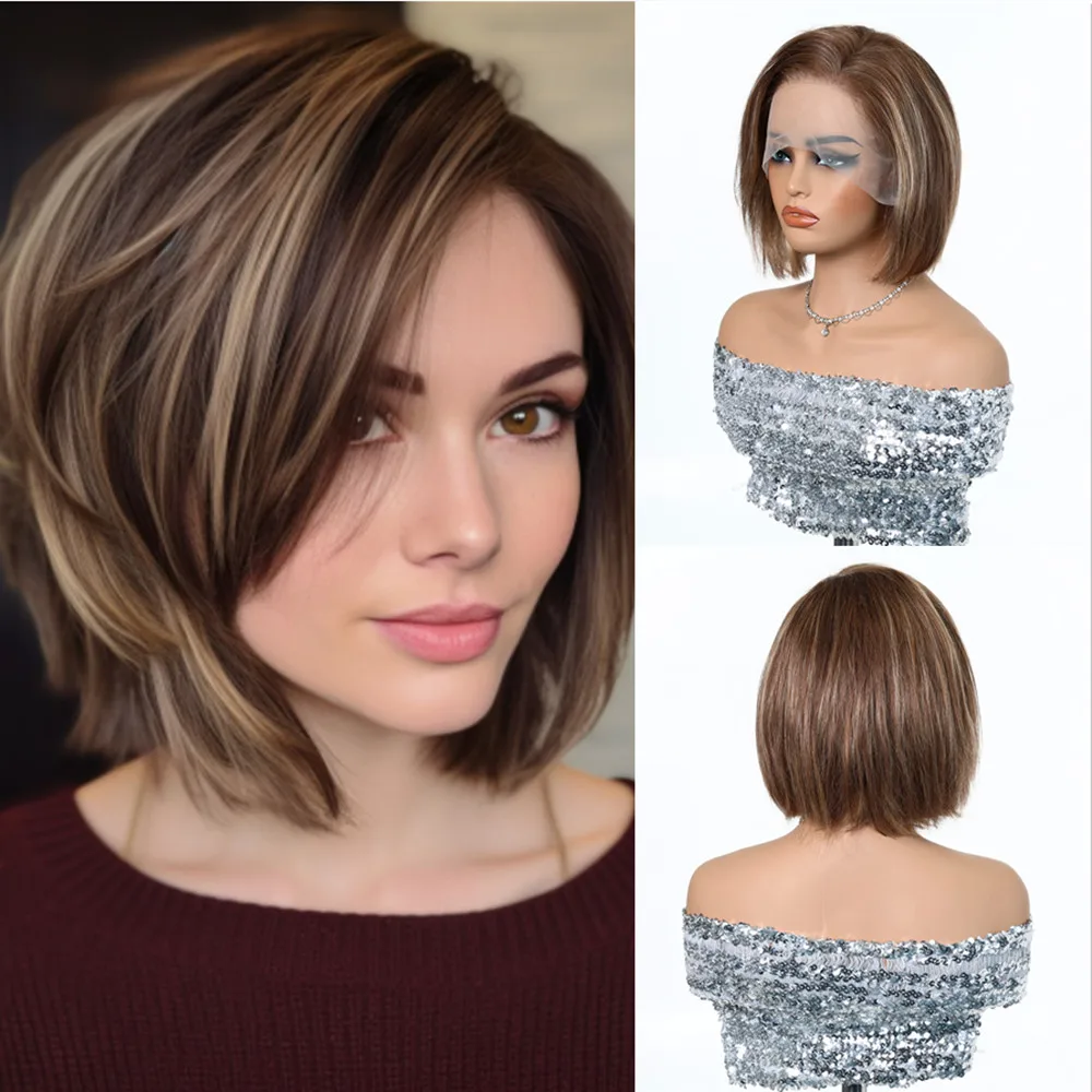 

13*4 Парик из натуральных волос на шнуровке Короткие прямые парики Боб для женщин Коричневый мелированный парик из мягких волос Remy для ежедневного использования на вечеринке