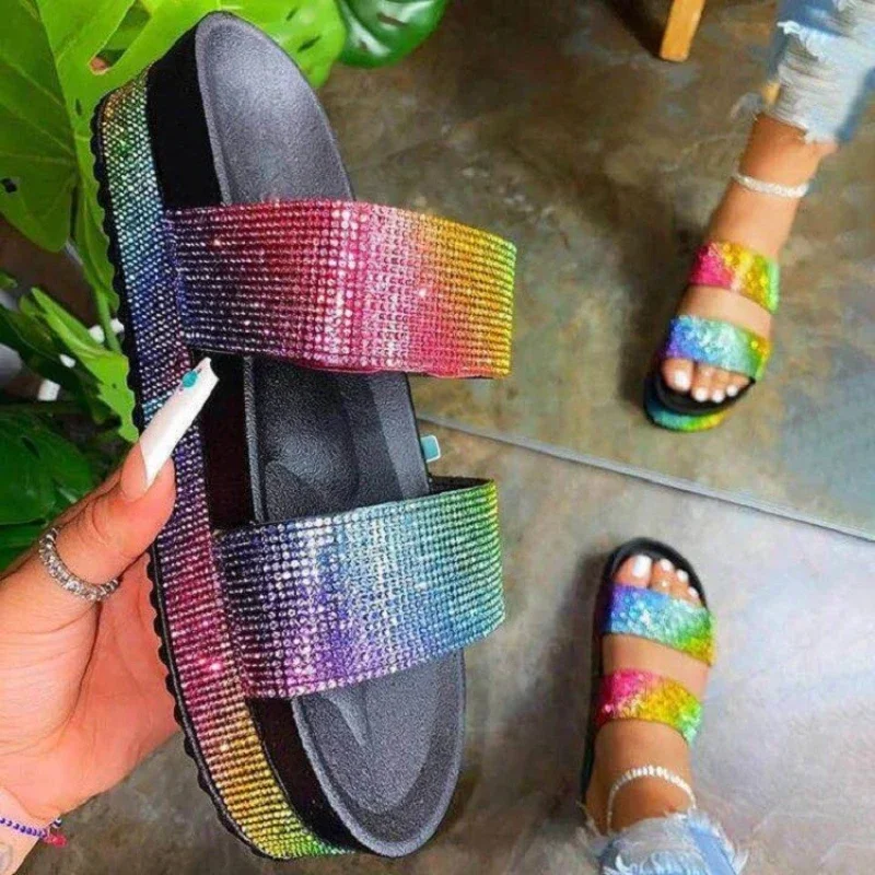 Chinelos femininos de strass, sandálias plataforma, sapatos de praia ao ar livre, biqueira aberta, conforto, verão, 2022