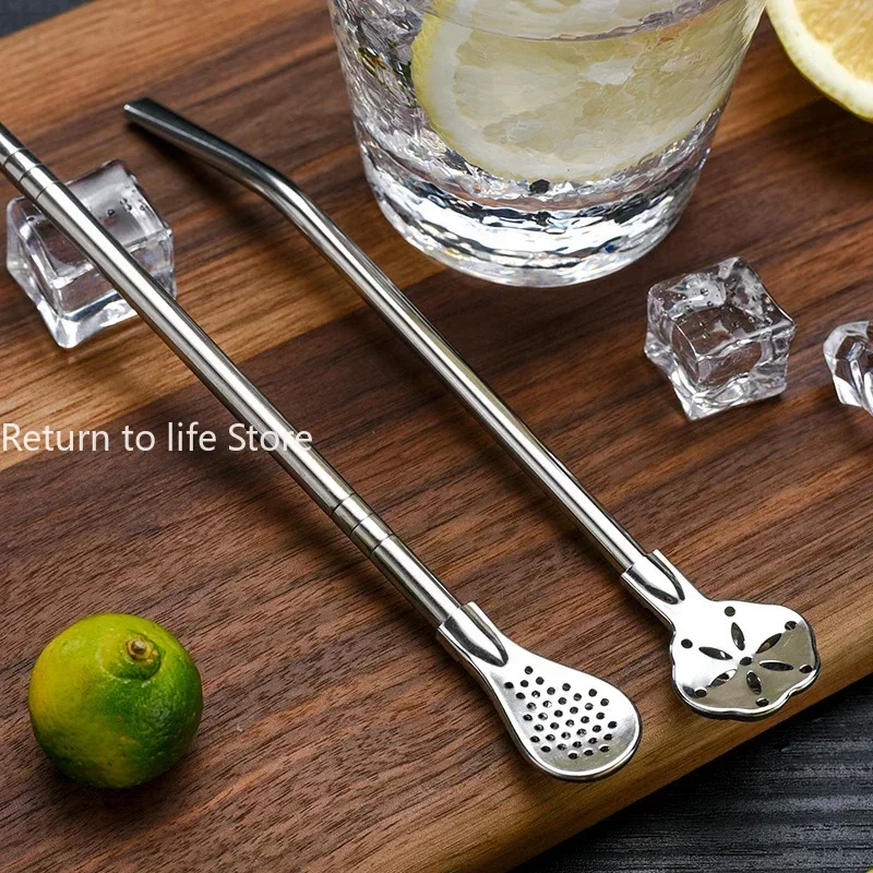 Straw Spoon Long Handle Mixing Yerba Mate Stainless Steel Bombilla Filter Teaspoon Coffee Stirring Spoon Bar Accessories 1Pc