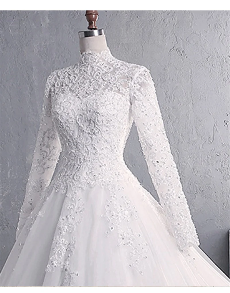 Luxuriöses A-Linien-Hochzeitskleid für Damen, Stehkragen, volle Ärmel, applizierte Spitze, Perlen, Brautkleid, formelle Geburtstags-Robe auf dem roten Teppich