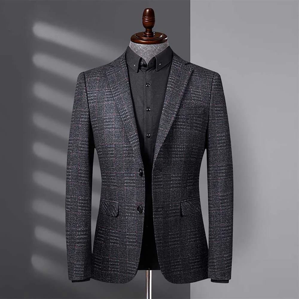 

Business New Trend Suit Blazer Men Casual Slim Korean Style Plaid Jacket Banquet Office Wedding Man Clothing