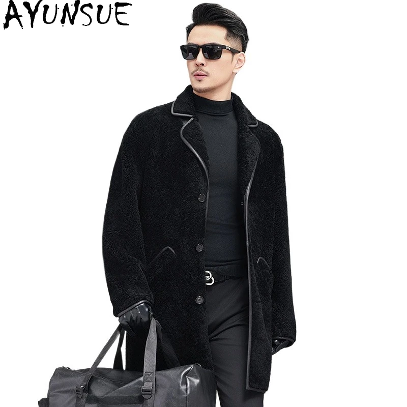 AYUNSUE Original Sheepskin Fur Jacket Men Winter 2025 Mid-long Windbreaker Loose Natural Lamb Fur Coat Man Real Leather Jacket