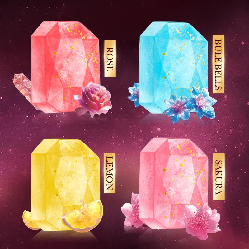 SADOER Diamond Essential Oil Soap, Rose & Cherry Blossom Scented Handmade Bar for Face & Body, Luxury Care