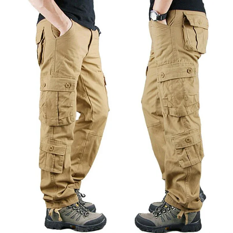 Pantalones con bolsillos para hombre, Pantalón recto informal de algodón, pantalones cortos, prendas de vestir deportivas para hombre, pantalones para correr, pantalones tácticos de carga deportivos grandes