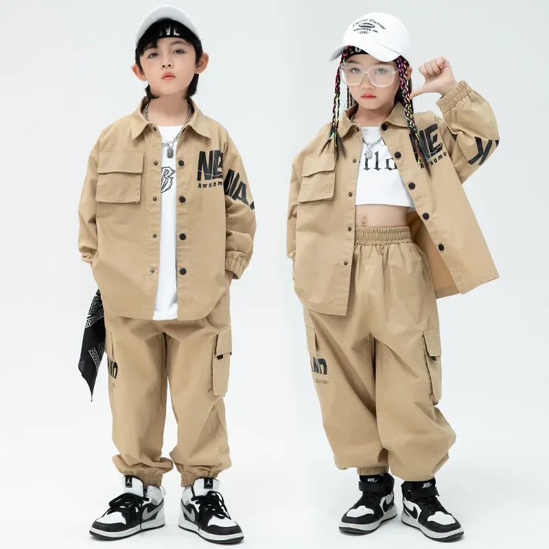 

Kid Khaki Shirt Jacket Kpop Hip Hop Clothing Casual Streetwear Cargo Jogger Pants for Girl Boy Jazz Dance Costume Clothes Set