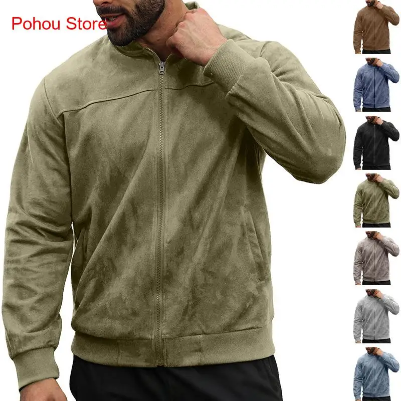 Suede Men's Zipper Flying Jacket, European and American Splicing Design, Simple Jacket