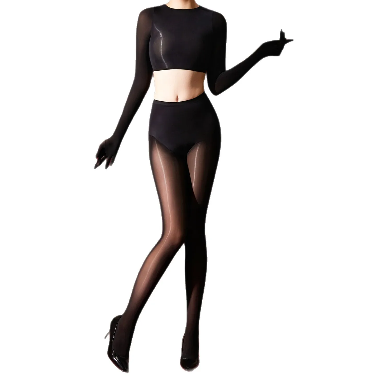 초박형 투명 섹시한 바디수트 세트 여성용 매끄러운 슬립온 팬호스 오픈 크로치 원피스 수트 나일론 원단