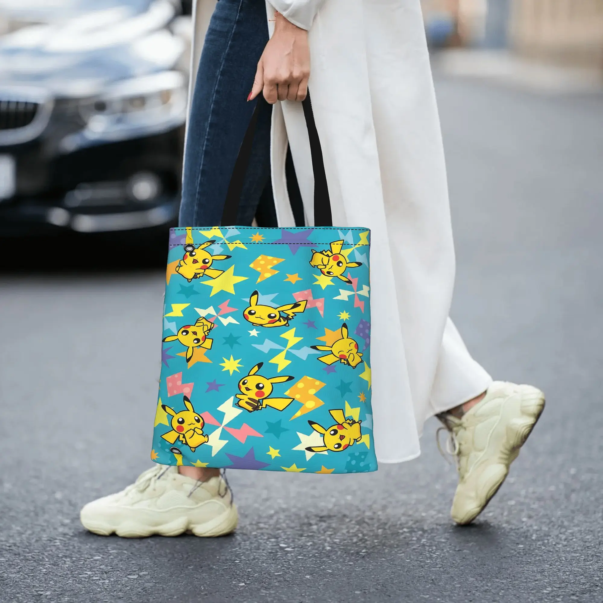 Customized Pokemon Pikachu Star Pattern Art Print Women's Bag Shopping Bag Reusable Double Sided Canvas Tote Bag Shoulder