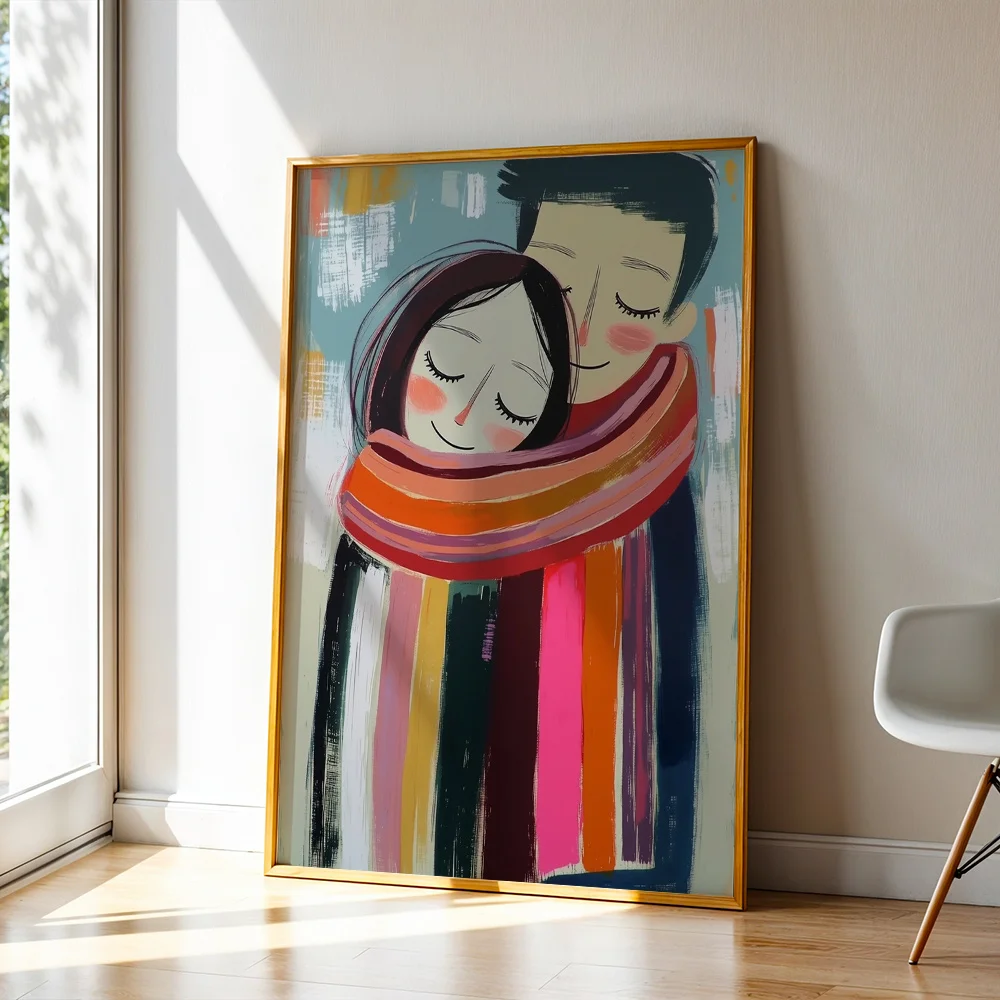 Abstract Hugging Couple With Colorful Scarf Canvas Poster Wall Art,2D Print Wall Decor,Home Gift For Living Room Bedroom