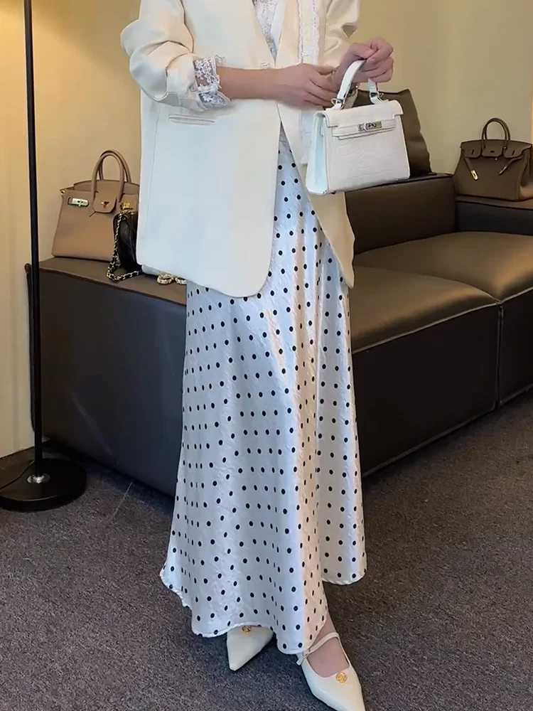 Falda midi acampanada de lunares blancos Ele, cintura alta, nueva colección primavera-verano, estilo coreano, talla grande para mujer