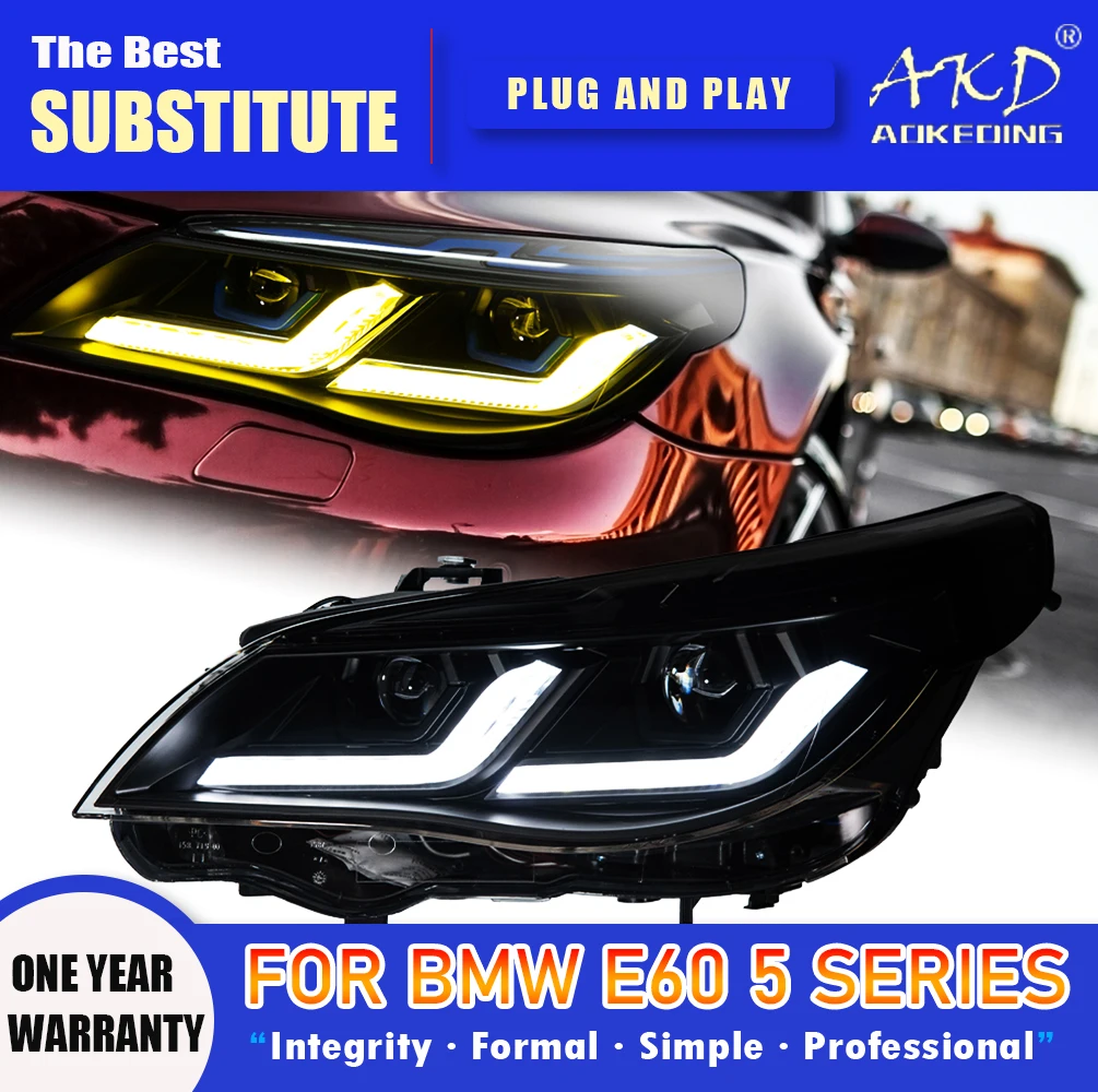 

Фара AKD для BMW E60 5 серии, светодиодная фара 2003-2010, фары 520I DRL, указатель поворота, дальний свет, линза проектора «ангельский глаз»