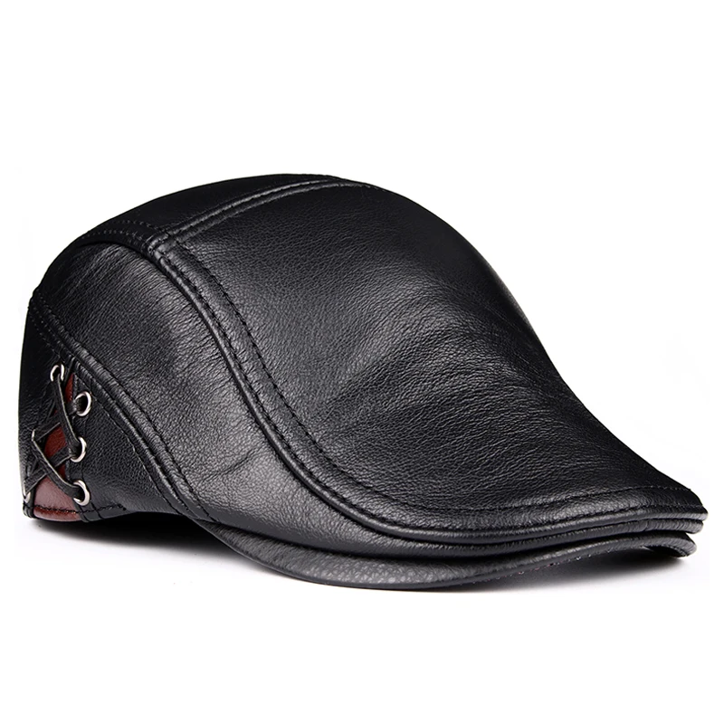 New 2024 Men Beret Flat Cap Irish Newsboy Cowskin Genuine Leather Autumn Winter Warm British Adjustable Ivy Male Hat