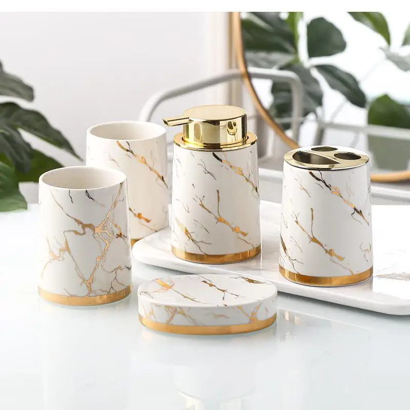 Golden Marble Bathroom Decoration Accessories Ceramic Toothbrush Holder Soap Dispenser Toothpaste Box