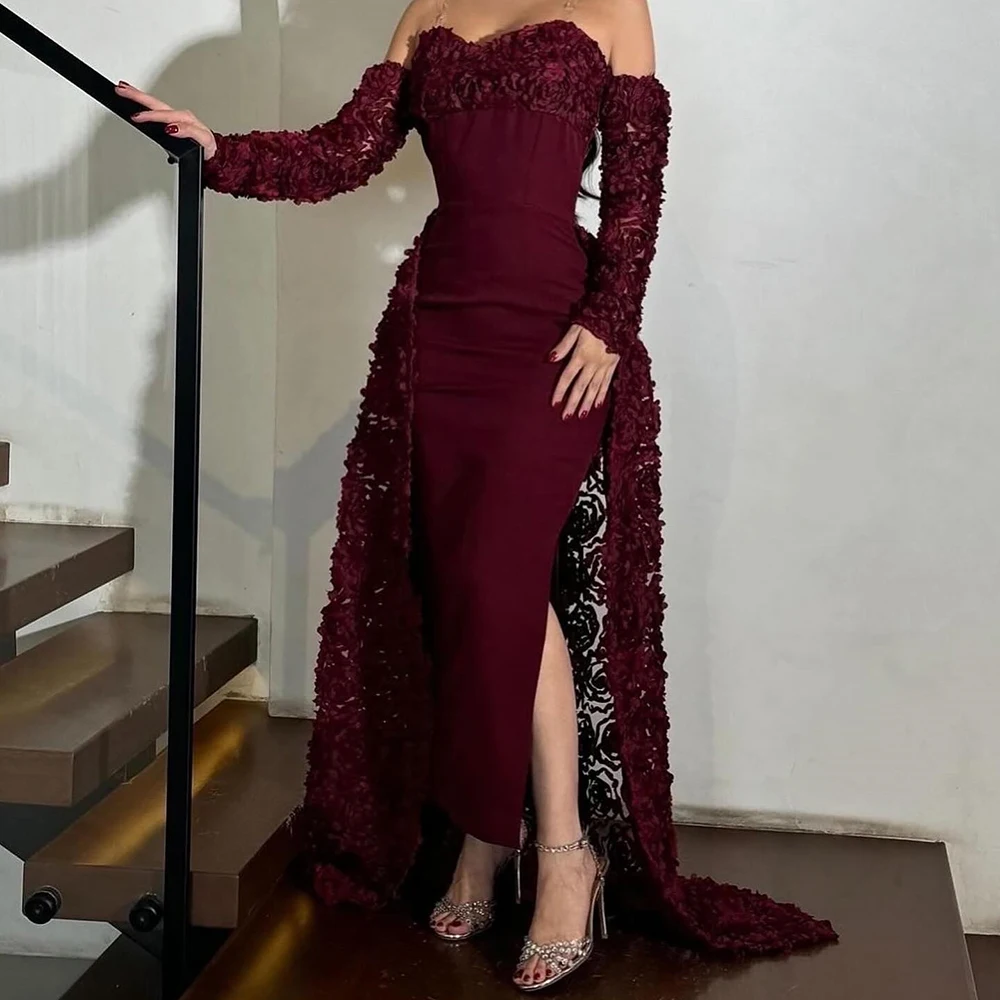 

Customized Mermaid Evening Dresses Floor-length Strapless Full Sleeve Prom Gown Fashion Flowers Draped Backless Party Gown