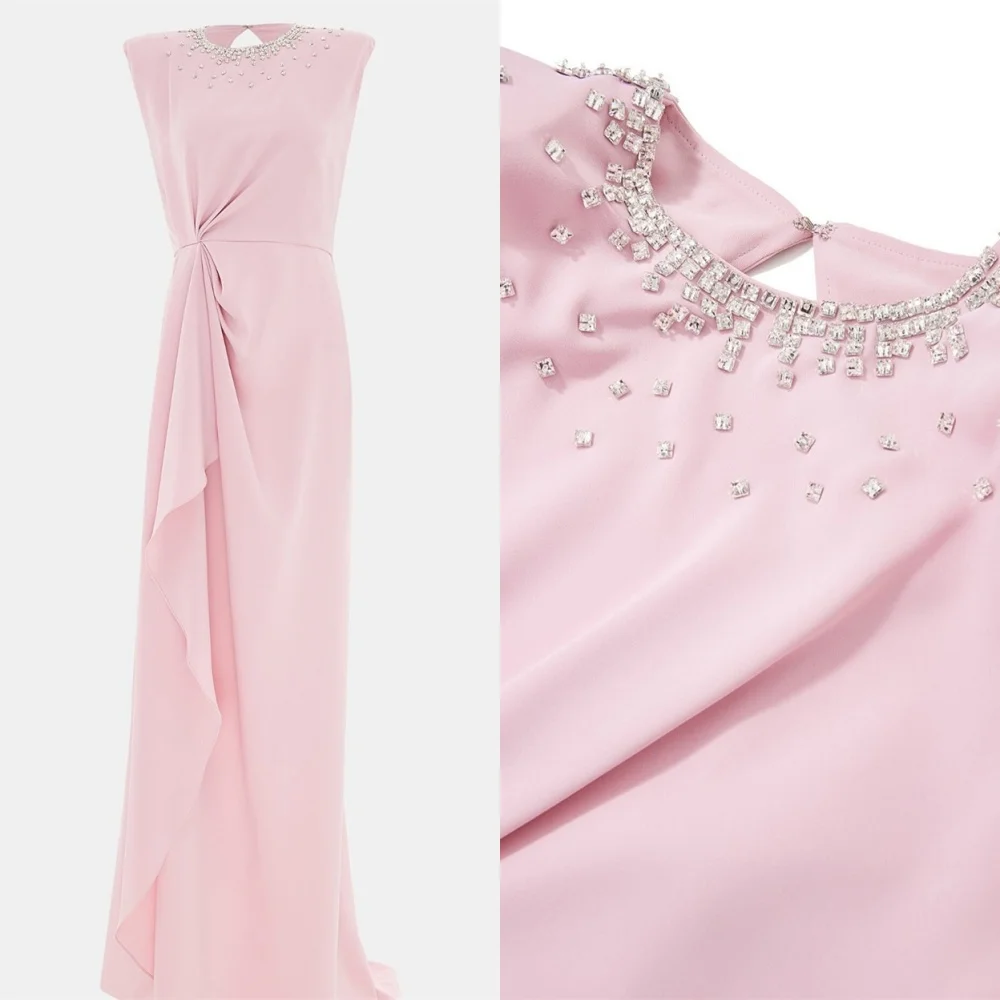 Customized Exquisite Pink Jersey Evening Dress Temperament Crew Neck Cap Sleeve Sleeveless Crystal Bespoke Occasion G
