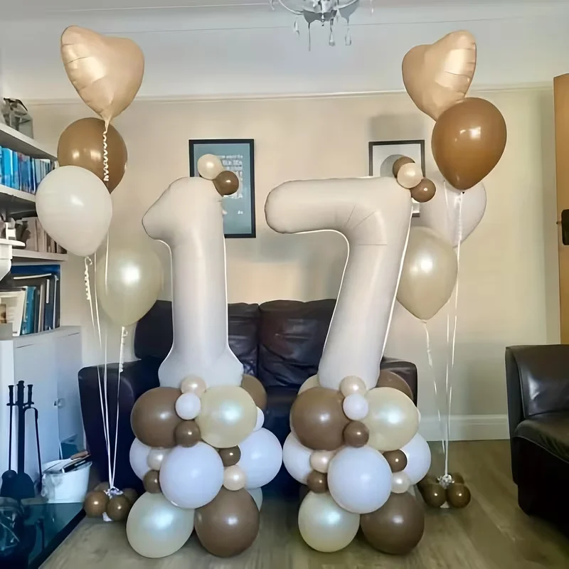 40 Zoll Creme-Farbene Zahlenballons 18 Zoll Creme-Braune Herz- und Sternförmige Folienballons für 1. Geburtstag und Babyparty-Dekoration – Detail 3