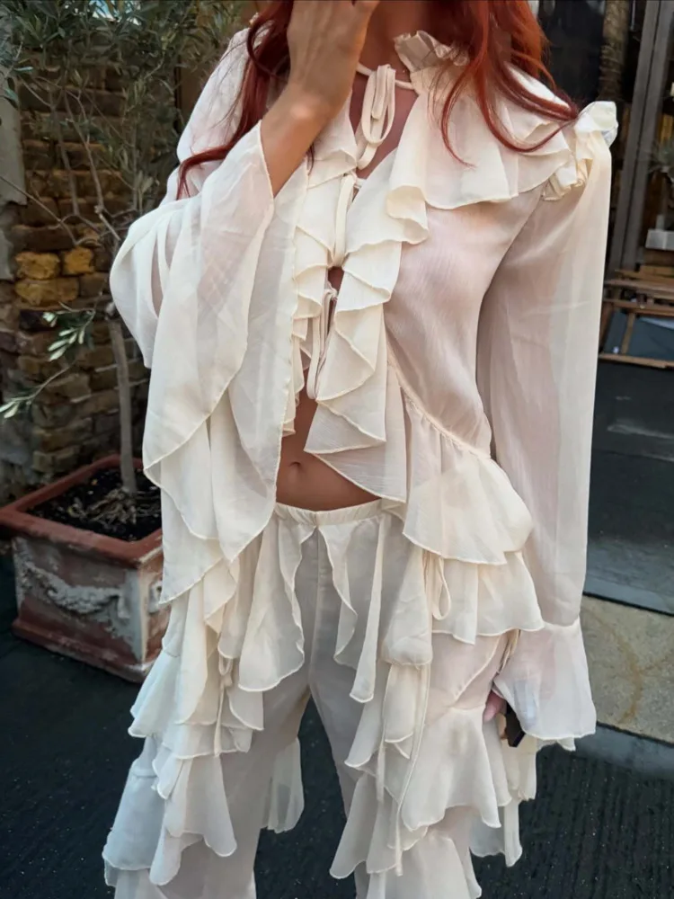 Articat Fashion Long Sleeve Ruffled Chiffon Tie Top T-Shirt Women Elegant Half High Collar Slim Female Autumn New 2025 Clothing