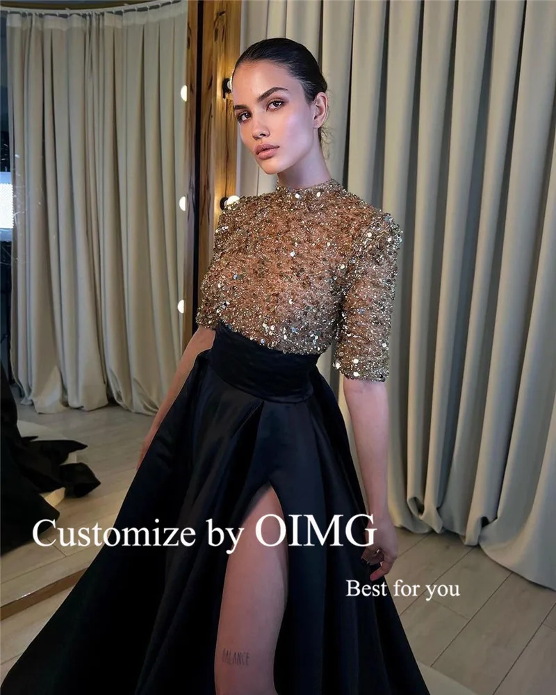 OIMG Glitter Black Velvet Long Evening Dresses High Neck Half Sleeves High Slit Dubai Arabic Women Party Formal Prom Gowns