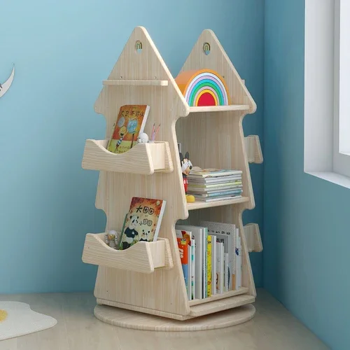 Solid Wood Rotating Bookshelf Floor Picture Book Stand Simple Drawing Board Multi-Layer Toy Storage Rack Bookcase