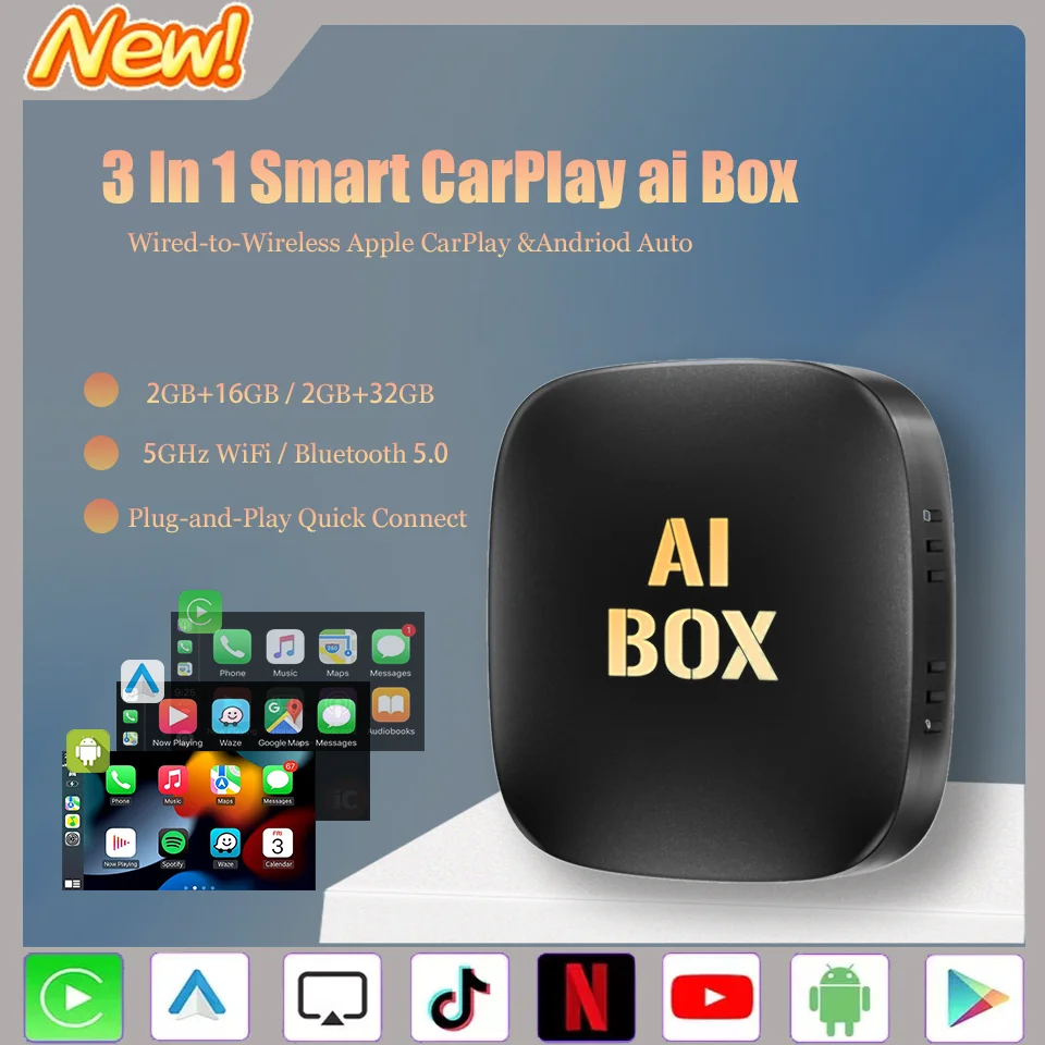 CarPlay Video Box Android 13 Wireless Android Auto Wireless CarPlay Adapter Smart TV Box Built-in Netflix YouTube Play Store