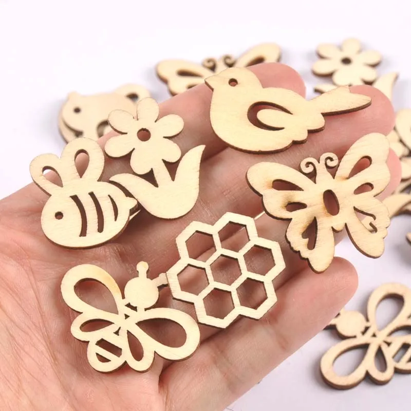 Bear Flower House Natural Wooden Chips Scrapbooking Carft for Home Decoration Diy Embellishments cp3362