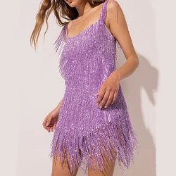 Women Sequin Fringe Mini Dress Sling Tassel Hem Sparkly Spaghetti Strap Backless Bodycon Elegant Cocktail Party Short Dress Y2K