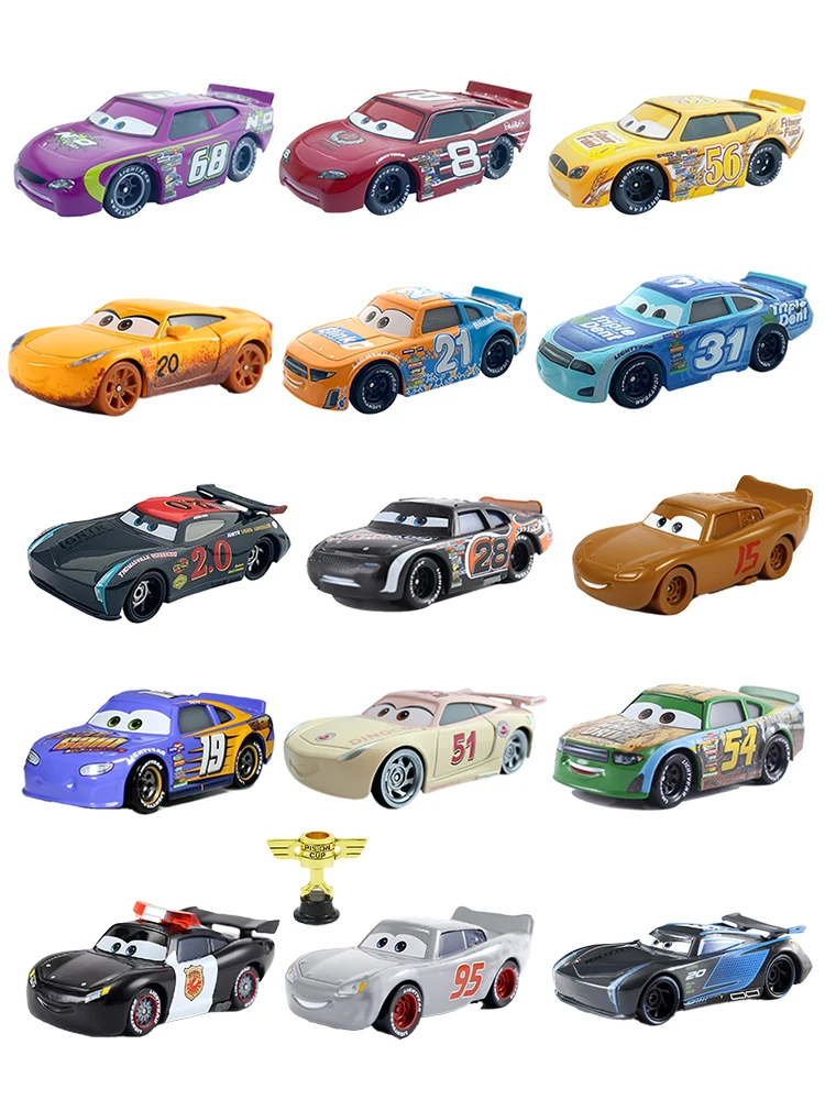 Kolekcja metalowych modeli samochodów z odlewu stopowego: Chick Hicks, King Lightning, Mini Hudson, Dinoco, Ramirez, Ramone, Sheriff Sterling, Racer 3 2 1 — 2