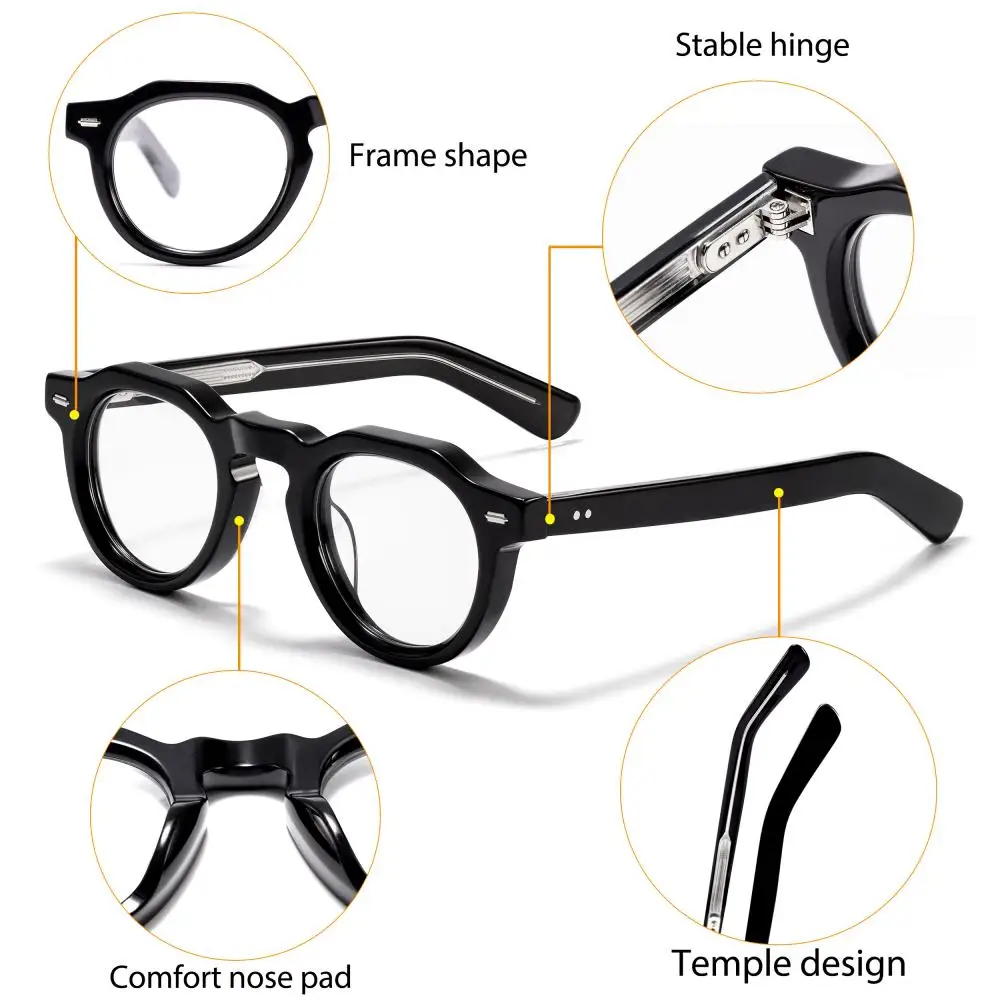 CATERSIDE Neue Retro Herren-Brille mit Flachspiegel, Premium-Acetat, runder dicker Rahmen, Damen-Business-Freizeit-Modebrille – Detail 5