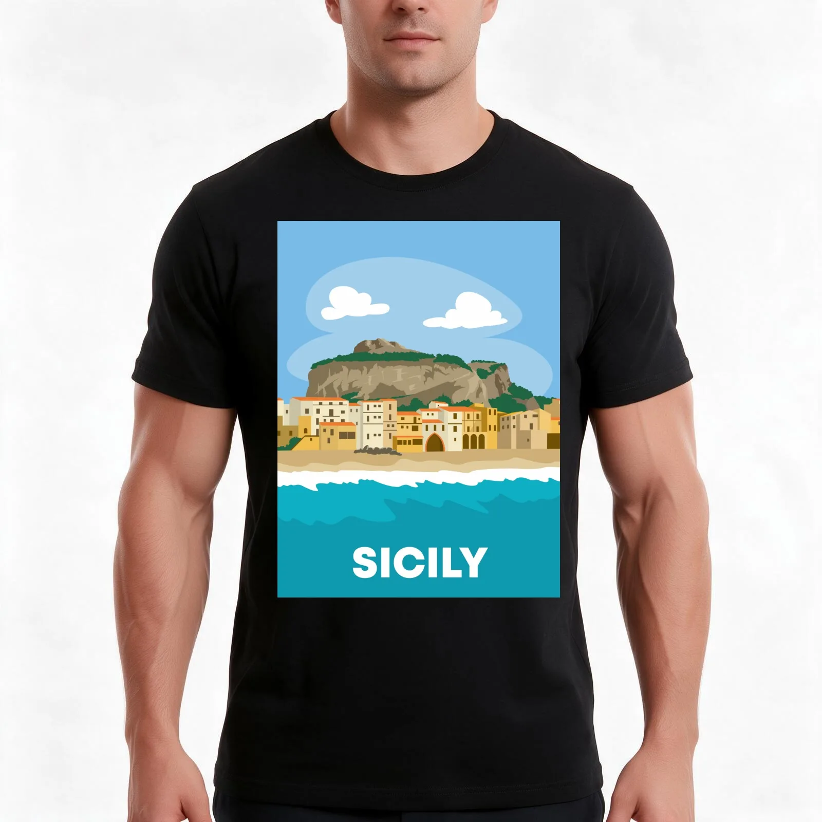 sicily city beach in italy T-Shirt, Summer Casual Cotton Tee, Oversized Streetwear Tops, Vintage Graphic Print, Unisex Men Women