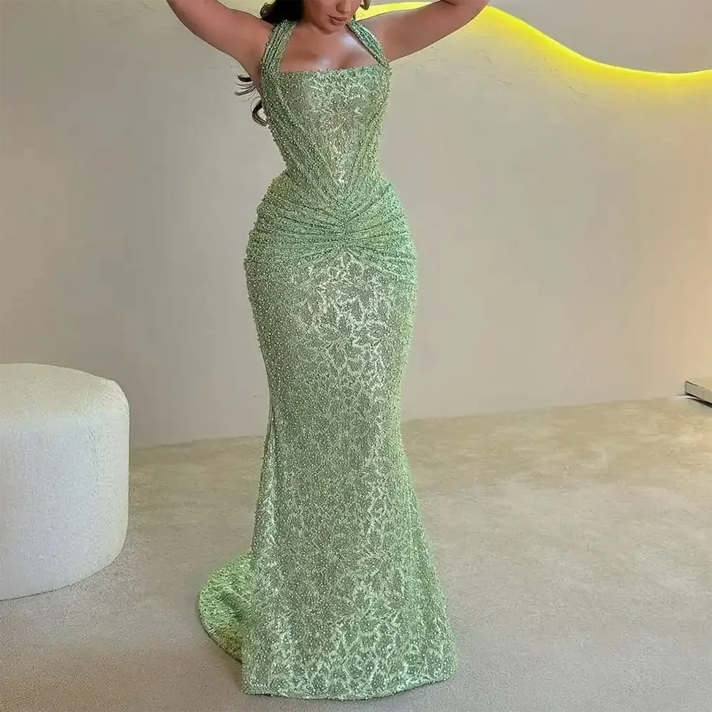 Sext licou sans manches perles sirène robes de soirée formelles fête d'anniversaire robes de bal personnalisé