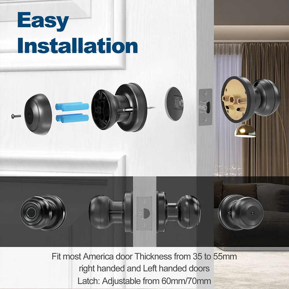 Tuya Smart Door Knob Fingerprint Smart Lock Biometric Door Knob with Tuya App Bluetooth Control Great for Apartment Office Hotel