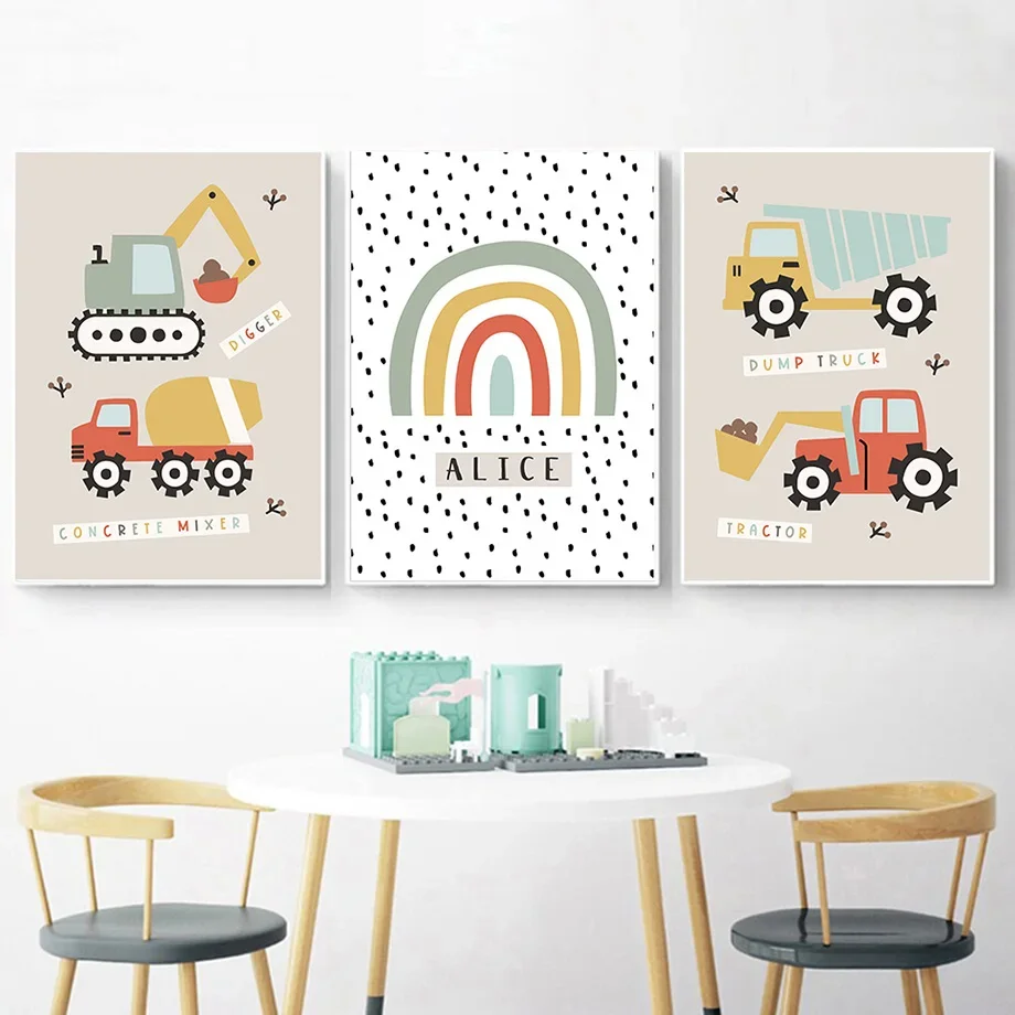 Digger Transport Dump Truck Rainbow Boho Boy Nursery Wall Art Canvas Painting Posters Prints Wall Pictures Baby Kids Room Decor