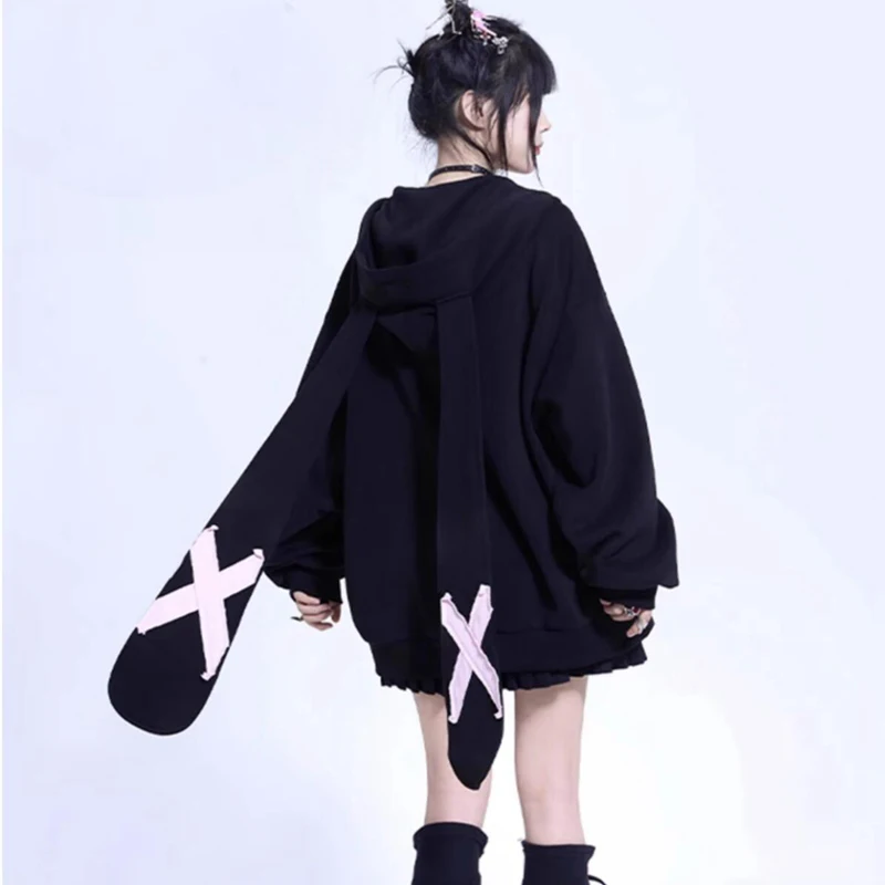 90s Loose Harajuku Y2k Long Rabbit Ears Hoodies Women Gothic Punk Sweatshirts Casual Oversize Black Hooded Coats Chic Streetwear