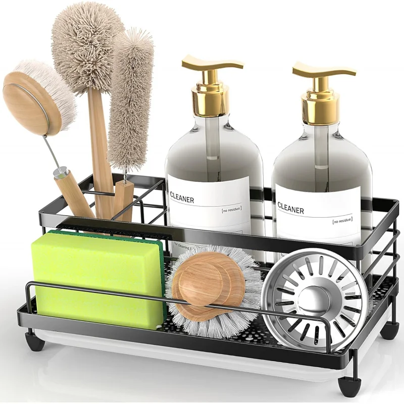 Cisily Soporte de esponja negro grande, estante organizador de fregadero Caddy para accesorios de cocina con bandeja de goteo, a prueba de herrumbre