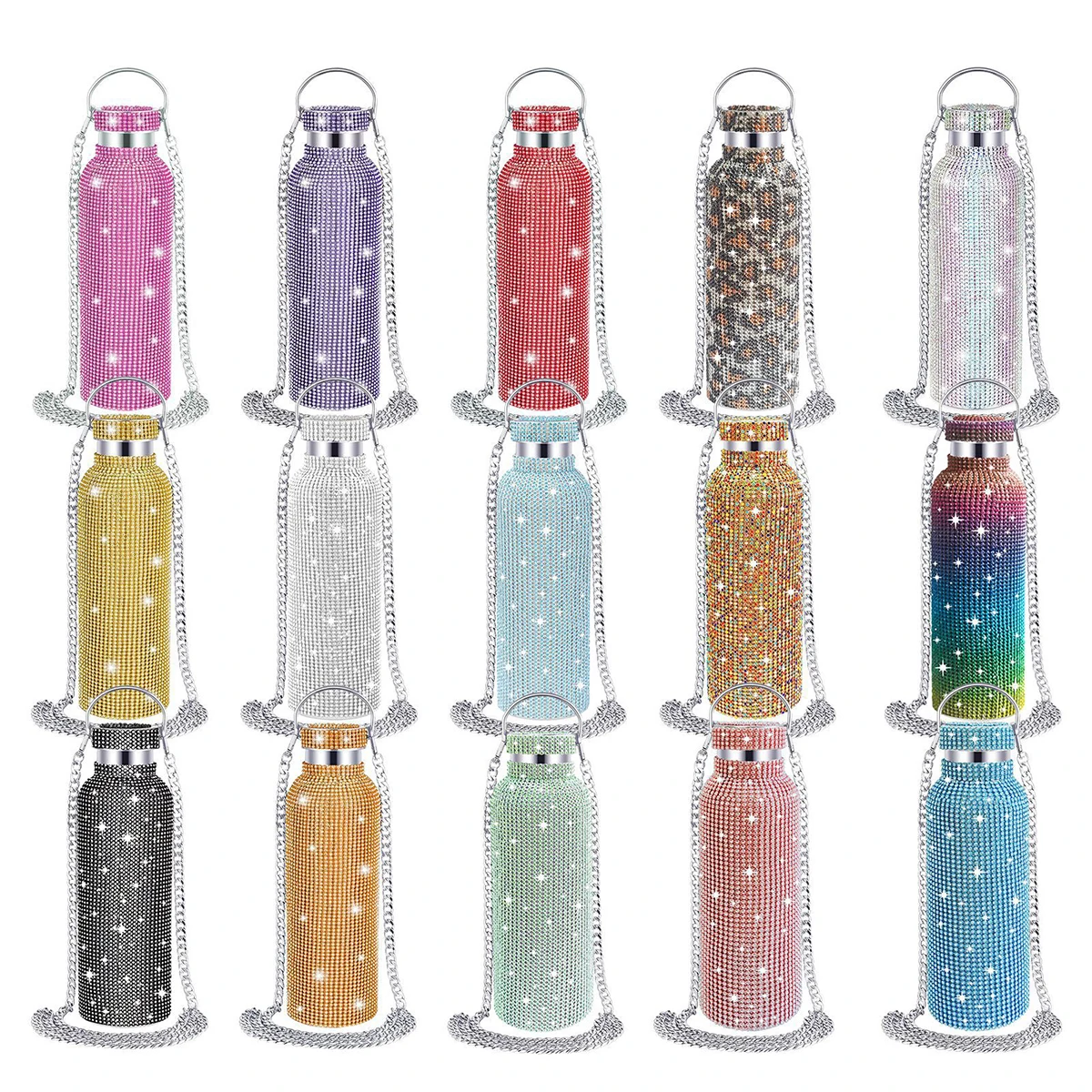 500/750/1000ml Diamond Thermos Bottle With 2pcs Chain Portable Rhinestone Water Bottle Double Wall Stainless Steel Thermal Flask