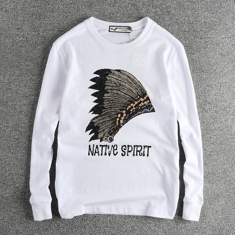 Vintage Indian pattern long sleeve T-shirt men\'s combed 100% cotton wash comfortable loose base shirt