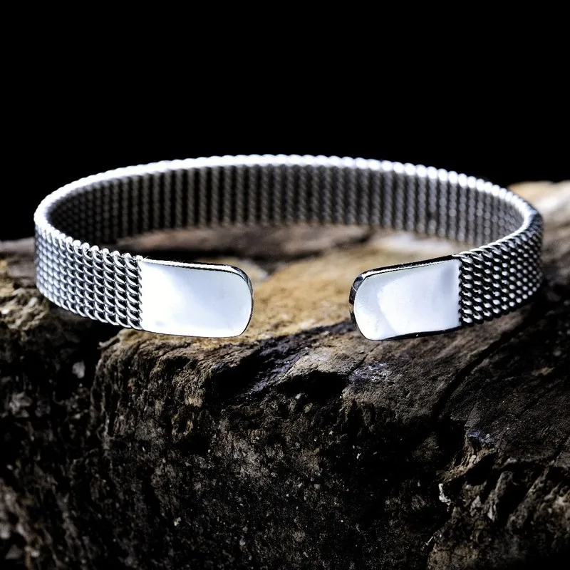 S925 Woven Mesh Open Bracelet Men And Women, Vintage Wide Silver Bangle